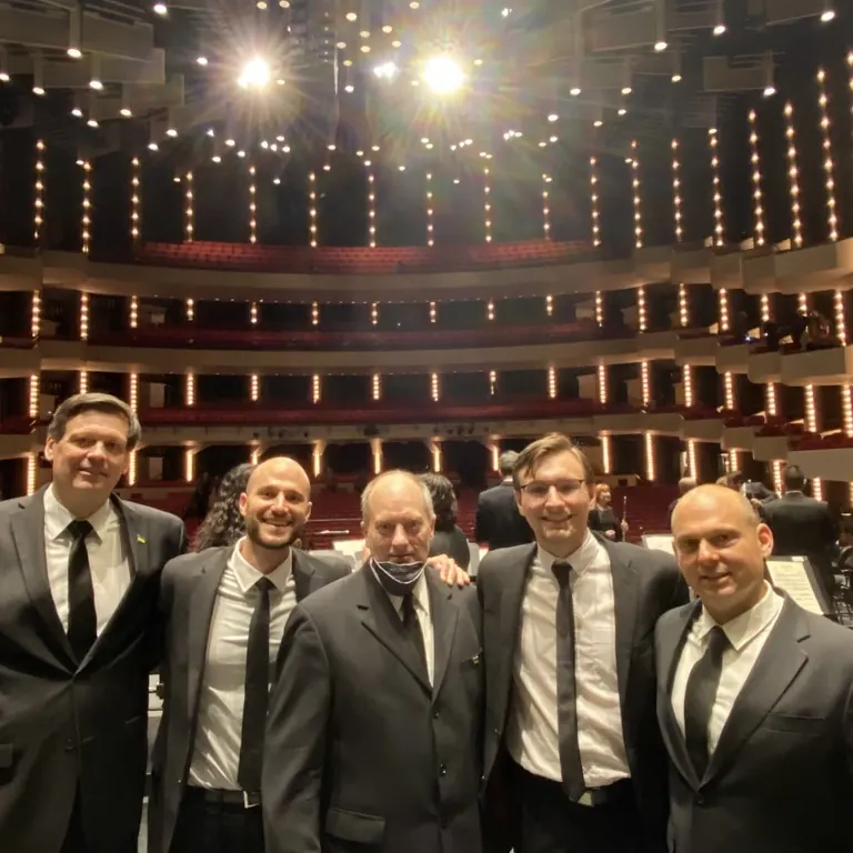 The percussion section during the National Arts Centre Orchestra Mentorship Program in 2022 after performing Rite of Spring and the premiere of Nicole Lizee's third percussion concerto