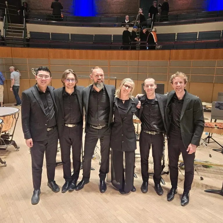 Percussion and timpani section performing Carmina Burana with Chorus Inspira at the Winspear Centre in 2025