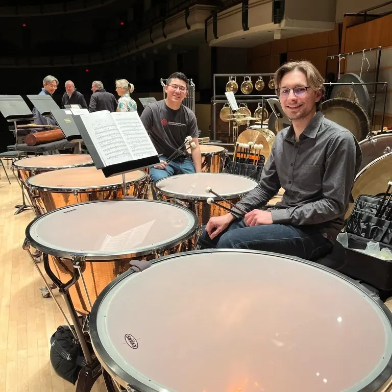 Jacob Kryger and Martin Bui rehearsing timpani for the Lord of the Rings Symphony with the ESO in 2025