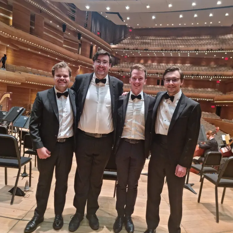 The percussion section of NYO Canada 2022 at Maison Symphonique in Montreal while on tour